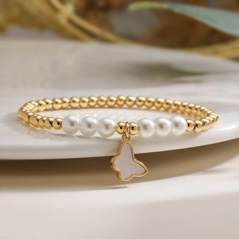 Beaded Bracelet Copper 18K Gold Plated White Shell Butterfly Flower Heart Charm Imitation Artificial Pearl Fashion Women Jewelry