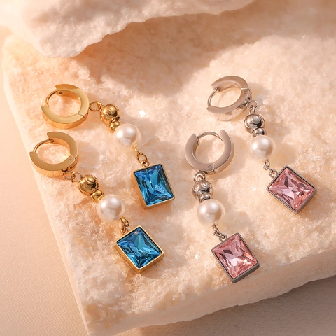 Orecchini Pendenti Geometrici Acciaio Al Titanio Placcato Oro Perla Artificial Sintetica Zirconia Quadrata Moda Elegante Minimalista Donna
