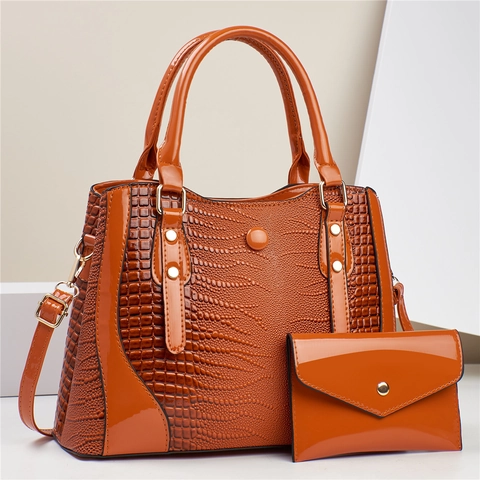 Women Crocodile Pattern Tote Bag Set Glossy PU Leather Handbag Large Capacity Crossbody Shoulder Bag With Small Pouch Set