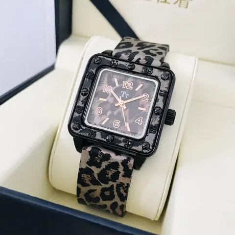 Orologio al Quarzo Quadrato con Stampa Leopardata da Donna Cassa in Acciaio Inossidabile Cinturino in Silicone Analogico Casual