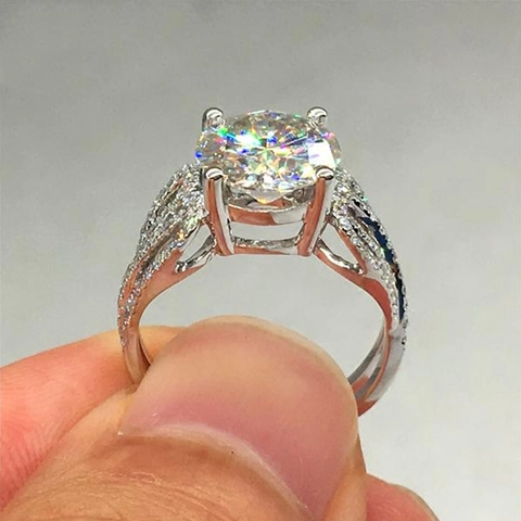 Bague En Cuivre Et Zircon Luxe Pierre Ronde Classique Sertissage Quatre Griffes Pavé Pour Femme Mariage Bijoux