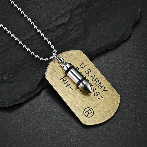 Collar con Colgante de Bala y Placa de Identificación de Acero de Titanio para Hombre Estilo US Army Plata Antigua Negro Bronce Joyería