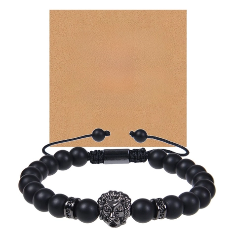 Men Beaded Bracelet Lion Head Black Matte Natural Stone Adjustable Woven Rope Gift For Son Husband Boyfriend