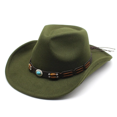 Western Cowboy Hat Wool Felt Fedora With Leather Belt Faux Turquoise Wood Beads Ethnic Vintage Outdoor For Men Women