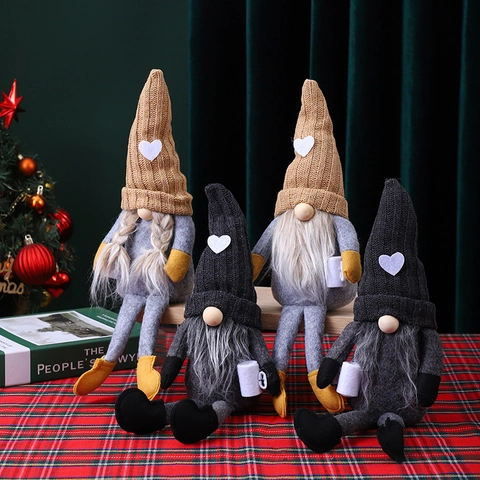 Christmas Faceless Gnome Doll With Long Legs Holding Coffee Cup Knit Heart Hat Plush Gonk Ornament For Holiday Home Decor