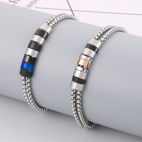 Hip Hop Men 316L Stainless Steel Bracelet Layered Box Chain Minimalist Multi-color Cylindrical Bead Jewelry Accessory