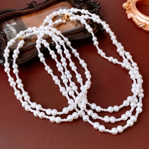 Vintage Multilayer Glass Artificial Pearl Necklace Long Sweater Chain French Palace Style Copper Clasp Elegant Jewelry For Women
