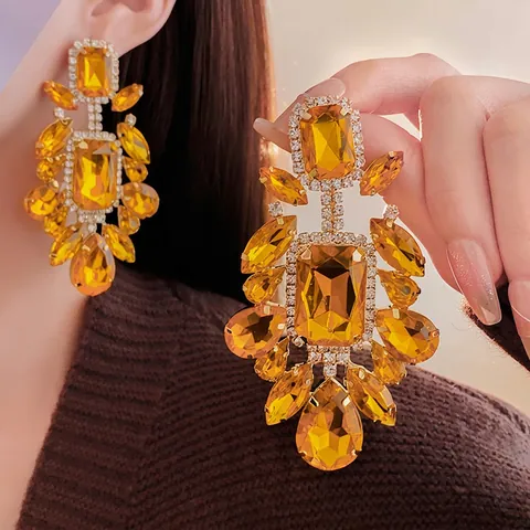 Orecchini Pendenti Geometrici A Goccia In Lega Strass Giallo Champagne Perno In Argento Da Donna Per Festa Di Lusso