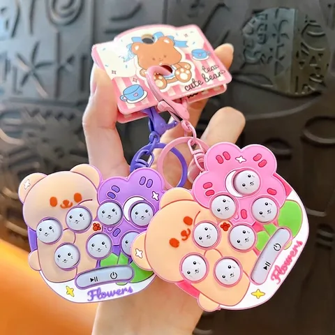 Cute Bear Whac-A-Mole Mini Game Machine Keychain Acrylic Plastic Decompression Handheld Toy For Kids Women Bag Pendant