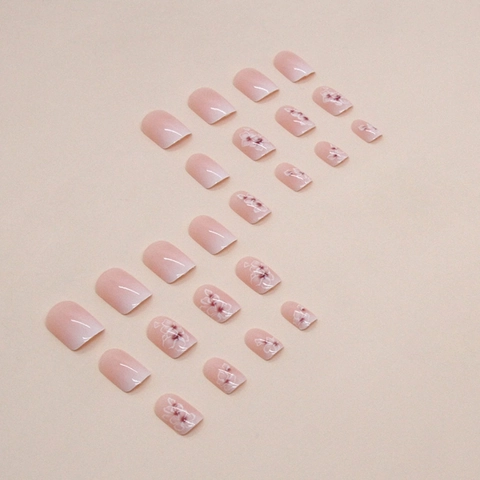 Unghie Finte Corte Quadrate Sfumate Rosa Ombre Francese Con Disegni Floreali 3D Resina ABS Manicure Lucida Per Donna