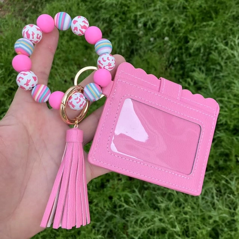 Silicone Bead Bracelet Keychain Card Holder PU Leather Tassel Wristlet Wallet With ID Window For Women