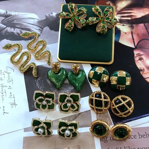 Vintage Emerald Green Enamel Alloy Stud Earrings With 925 Silver Post Rhinestone Artificial Pearl Snake Camellia Jewelry