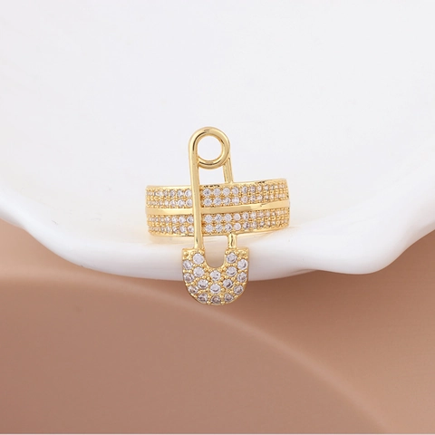 Modischer Sicherheitsnadel Ring Verstellbar Kupfer Echtvergoldet Zirkonia Mikro-Pave Schmuck Für Damen
