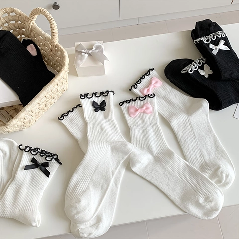 Calze Lolita A Metà Polpaccio Per Donna Misto Cotone A Coste Bordo Con Volant Fiocco Stile JK Giapponese Dolce
