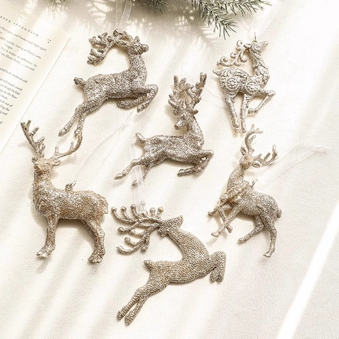 Ornements De Renne De Noël En Plastique Pailleté Pendentifs Élan Avec Ruban Décorations D'arbre De Fête Élégantes
