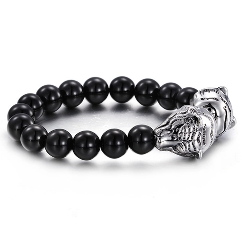 Pulsera De Cuentas Para Hombre Acero Inoxidable Cabeza De Animal Lobo Dragón Tigre Estilo Retro Punk Joyería Cuentas Vidrio Negro