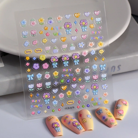 5D Embossed Nail Stickers 3D Relief Floral Heart Butterfly Self Adhesive Waterproof Macaron Color Nail Art Decals DIY Manicure Jewelry