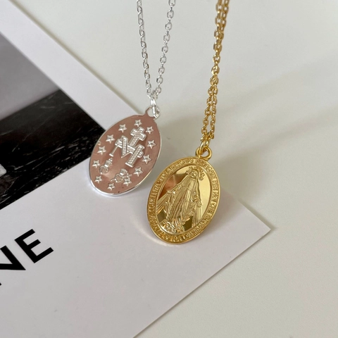 Virgin Mary Miraculous Medal Necklace 925 Sterling Silver Oval Pendant Vintage Religious Fashion Jewelry For Women