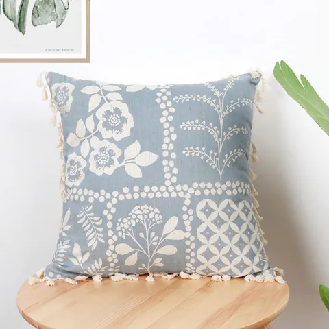 Decorative Pillow Case Cushion Cover Poly Cotton Bohemian Blue White Printed Floral Geometric Mandala With Tassels