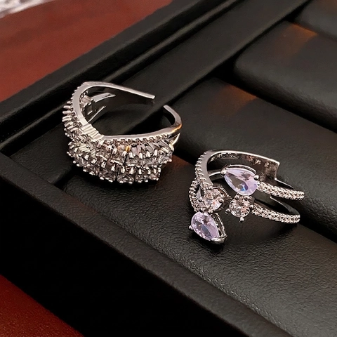 Kupferner Offener Ring Zirkonia Wassertropfen Quadrat Mehrlagig Kreuz Verstellbar Damen Luxus Mode Schmuck Accessoire