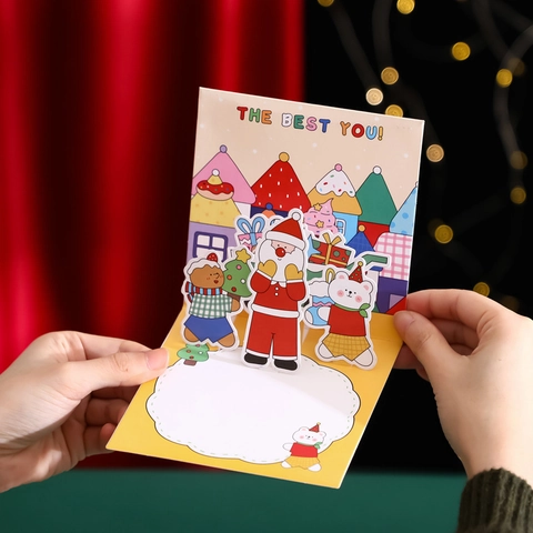 3D Pop Up Christmas Greeting Card Cartoon Santa Snowman Paper Carving With Envelope Festive Blessing For Holiday Gift