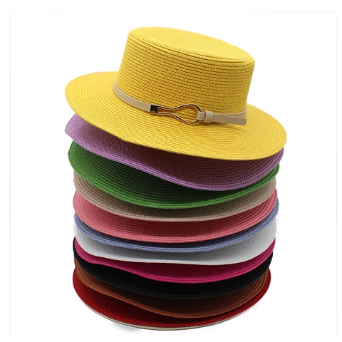 Boater Hat Vintage Straw Woven Flat Top Sun Protection Breathable Summer Beach Cap With Leather Strap Gold Buckle