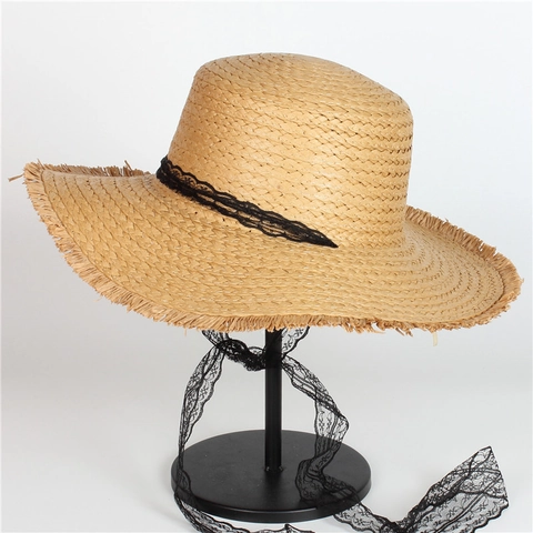 Women Straw Sun Hat With Wide Brim Frayed Edge Lace Ribbon Bow Elegant Foldable Beach Summer Vacation Travel Breathable
