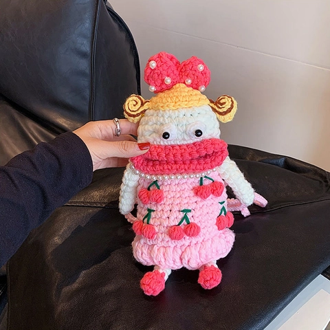 Bolso Bandolera De Crochet Hecho A Mano Muñeca De Dibujos Animados Hilo De Tejer Cereza Uva Collar Perlas Artificiales Kawaii
