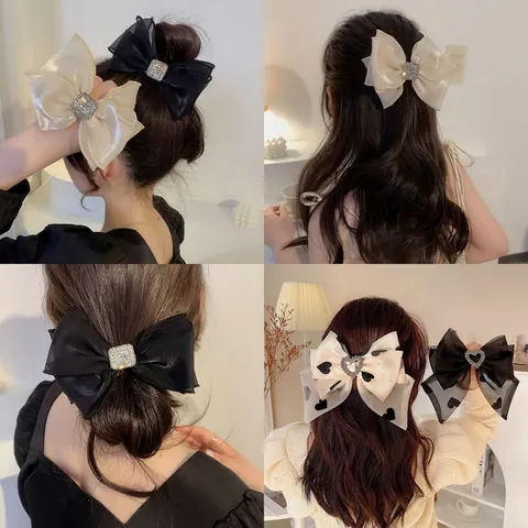 Pinza De Pelo Con Lazo Grande Satén Terciopelo Encaje Cinta Larga Pasador Elegante Dulce Accesorios De Peinado Mujer