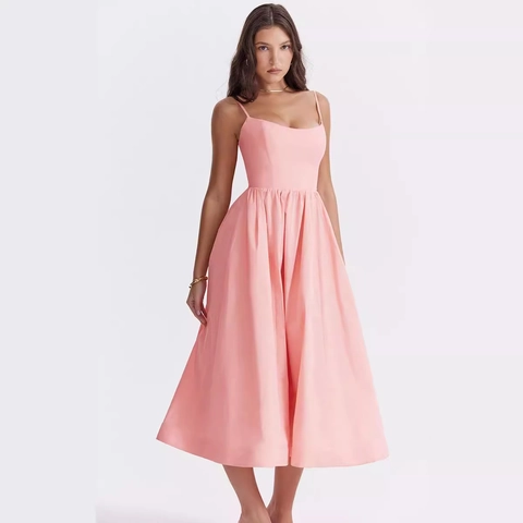 Dames Midi-Jurk Met Spaghettibandjes Rugloos Polyester A-Lijn Elegant Zomerreizen