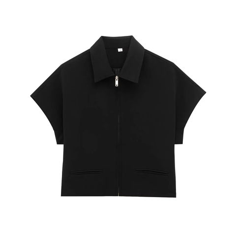 Giacca A Maniche Corte Collo Alto Con Cerniera E Pantaloni Dritti Donna Poliestere Casual Streetwear Minimalista