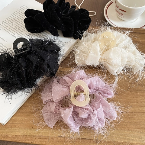Elegant Large Hair Claw Clip Chiffon Flower Velvet With Glitter Fringe Shark Clip Hair Accessories For Women
