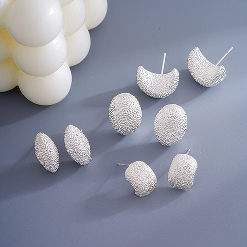 Copper Stud Earrings For Women Silver Color Geometric Frosted Granular Texture Minimalist Vintage Moon Water Drop Shape