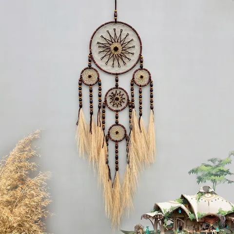 Acchiappasogni Bohemien Decorazione Da Parete Con Erba Di Pampa Piume Naturali Cerchi In Ferro Perline In Legno Fatto A Mano Etnico