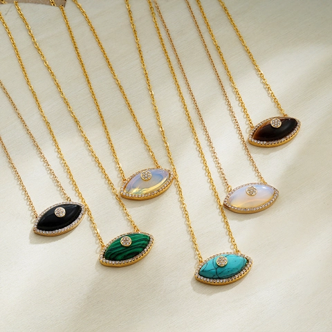Evil Eye Anhänger Halskette Edelstahl 18K Vergoldet Naturstein Zirkon Marquise Form Modeschmuck Damen
