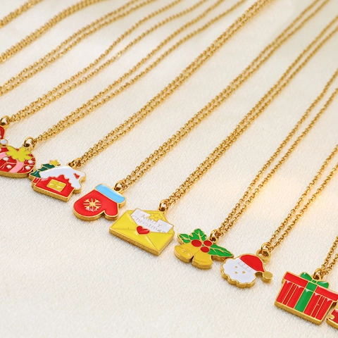 Christmas Pendant Necklace Stainless Steel Enamel Santa Claus Reindeer Snowman Holiday Jewelry For Women Gold Tone