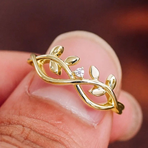 Koperen Wijnstok Blad Ring Verguld Zirkonia Elegant Oneindigheid Ontwerp Sieraden Voor Dames Frisse Stijl