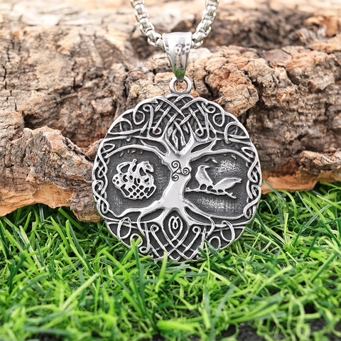 Viking Tree Of Life Pendant Necklace Stainless Steel Nordic Mythology Yggdrasil Celtic Raven Crow Dragon Vintage Jewelry