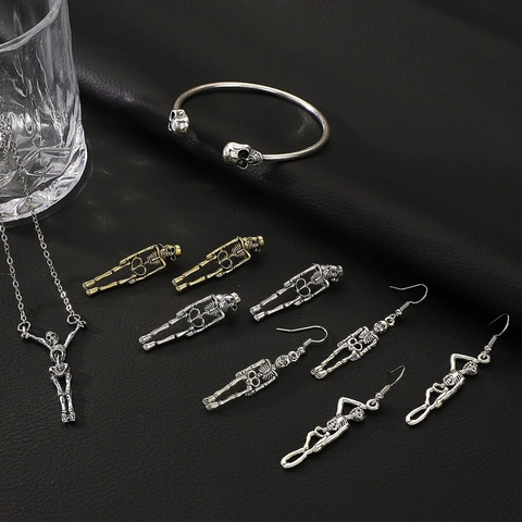 Gothic Skull Skeleton Earrings Necklace Bracelet Ring Alloy With Stainless Steel Earring Post Halloween Punk Jewelry