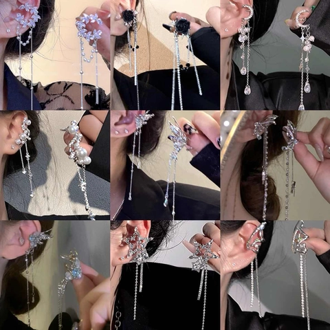 Pendientes De Clip Con Silver Earring Post Aleación Circón Borla Mariposa Estrella Luna Rosa Elegante Joyería Mujeres