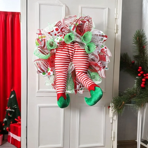 Corona De Piernas De Elfo De Navidad Guirnalda De Cinta De Malla Decoración De Pared De Puerta Adorno Rayado