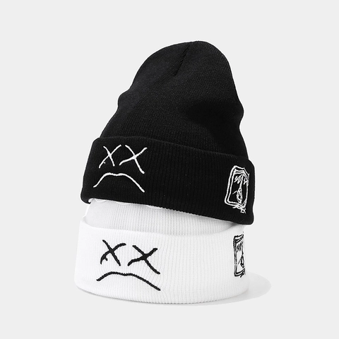 Bonnet Beanie Brodé Visage Triste Unisexe Hiver Tricoté Streetwear Chaud Extérieur Bonnet Revers Style Hip Hop