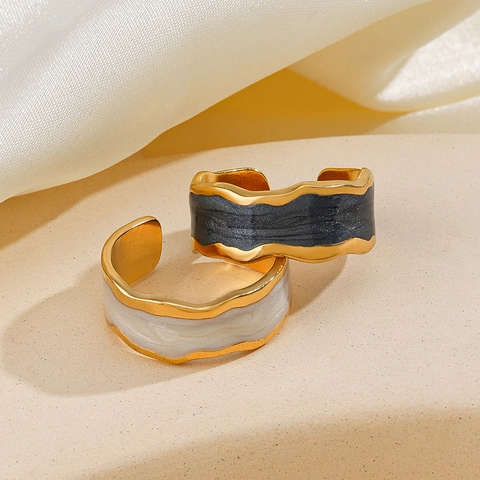 Anillo De Esmalte De Acero Inoxidable Para Mujer Chapado En Oro Borde Ondulado Irregular Abierto Ajustable Geométrico Estilo Retro Francés Joyería