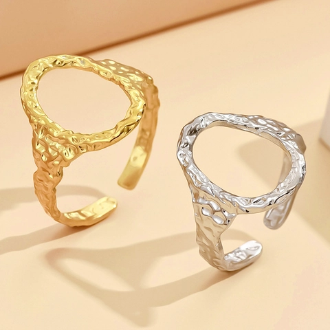 Irregular Geometric Oval Hollow Ring Hammered Texture Stainless Steel Vacuum Gold Plated Adjustable Open Ring For Women