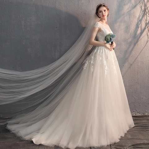 Elegantes Elfenbein Spitze Hochzeitskleid Rundhals Mesh Lang Brautkleid Stickerei Tüll Schleppe Abendkleid Damen