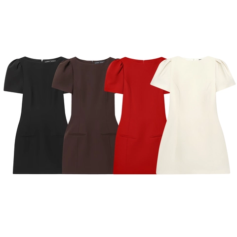 Puff Kurzarm Minikleid Acetat Satin Polyester Rundhalsausschnitt Slim Fit Hohe Taille Mit Taschen Elegant Für Damen