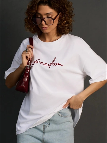 Damen Reine Baumwolle T-Shirt Freedom Buchstaben Druck Oversized Rundhals Kurzarm Drop Shoulder Casual Streetwear Oberteil