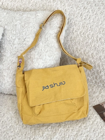 Canvas Umhängetasche Damen Crossbody Tasche Große Kapazität Einfacher Pendlerstil Mit Verstellbarem Riemen Und Stickerei Gelb