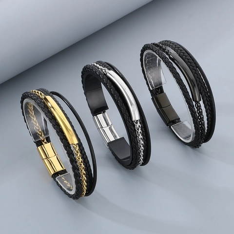 Pulsera De Cuero De Microfibra Trenzada De Varias Capas Para Hombre Con Cierre Magnético De Acero Inoxidable Joyería Punk
