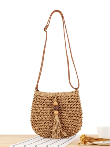 Sac Bandoulière Tissé Corde De Papier Été Plage Vacances Sac À Épaule Avec Gland Perles De Bois Style Bohème Femmes